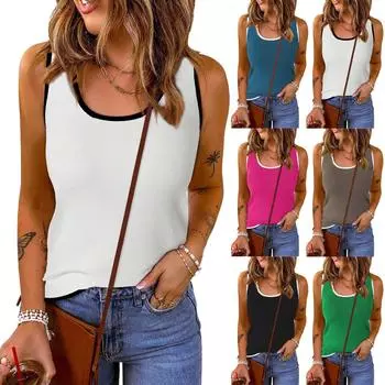 Майка для женщин, повседневная футболка без рукавов с круглым вырезом, милые топы с цветными блоками, футболка-майка