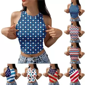 Майка для женщин, повседневные летние топы без рукавов, модные футболки с круглым вырезом и принтом на День независимости, майки, топы XXL винный
