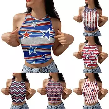 Майка для женщин, повседневные летние топы без рукавов, модные футболки с круглым вырезом и принтом на День независимости, майки, топы L