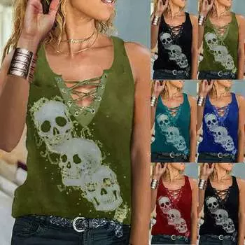 Майка, футболка, женский жилет, женский жилет с V-образным вырезом, топы, блузка без рукавов, жилет с черепом, жилет больших размеров S зелёный