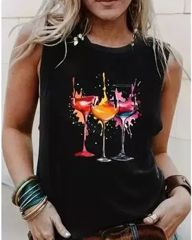Майка размера плюс с принтом стекла, повседневная майка без рукавов с круглым вырезом на лето, женская одежда больших размеров 1XL чёрный