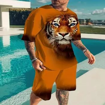 Майка с эстампадом Тигре и Леона в 3D для мужчин, рубашка из манги с куэлло редондо, панталоны кортос, соединительные S