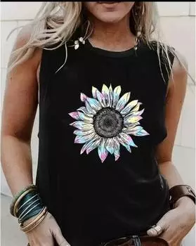Майка с цветочным принтом больших размеров, повседневная майка без рукавов с круглым вырезом на лето, женская одежда больших размеров 1XL чёрный