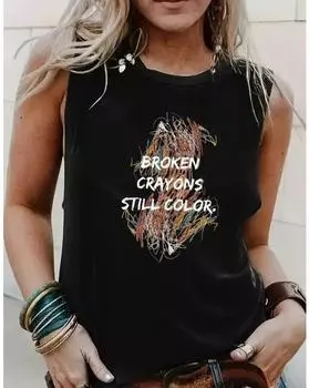 Майка с круглым вырезом и буквенным принтом больших размеров, повседневная майка без рукавов на лето, женская одежда больших размеров 1XL чёрный