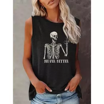 Майка с круглым вырезом и принтом черепа, повседневная майка без рукавов на лето, женская одежда S