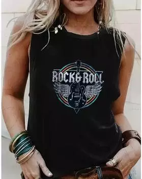 Майка с круглым вырезом и принтом гитары больших размеров, повседневная майка без рукавов на лето, женская одежда больших размеров 1XL чёрный