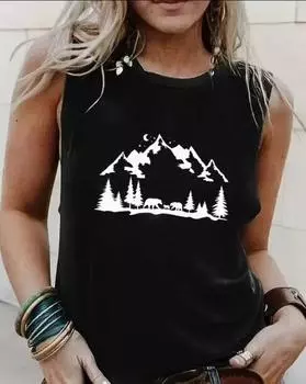Майка с круглым вырезом и принтом «Горы» больших размеров, повседневная майка без рукавов на лето, женская одежда больших размеров 1XL чёрный