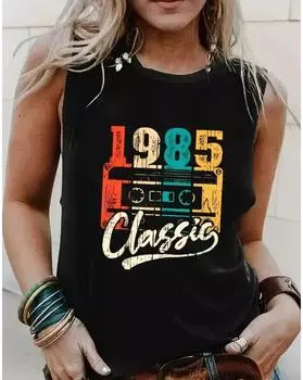 Майка с принтом 1985 года больших размеров, повседневная майка без рукавов с круглым вырезом на лето, женская одежда больших размеров 1XL чёрный