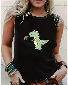 Майка с принтом динозавра из мультфильма больших размеров, повседневный топ без рукавов с круглым вырезом на лето, женская одежда больших размеров 1XL чёрный