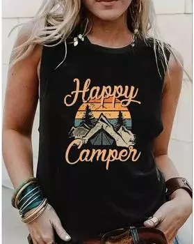 Майка с принтом для питья больших размеров, повседневный топ без рукавов с круглым вырезом для лета и весны, женская одежда больших размеров 1XL чёрный