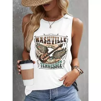 Майка с принтом гитары, повседневный топ без рукавов для лета и весны, женская одежда S