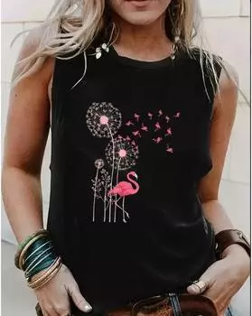 Майка с принтом одуванчика больших размеров, повседневная майка без рукавов с круглым вырезом на лето, женская одежда больших размеров 1XL чёрный