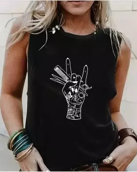 Майка с принтом руки размера плюс, повседневная майка без рукавов с круглым вырезом на лето, женская одежда больших размеров 1XL чёрный