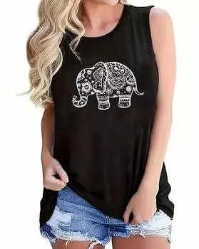Майка с принтом слона больших размеров, повседневный топ без рукавов с круглым вырезом на лето, женская одежда больших размеров 1XL чёрный