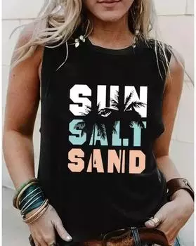 Майка с принтом SUN SALT SAND размера плюс, повседневный топ без рукавов с круглым вырезом для лета и весны, женская одежда больших размеров 1XL чёрный