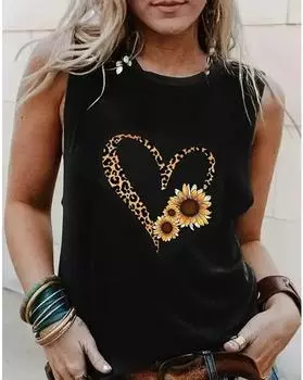 Майка с принтом в виде сердца больших размеров, повседневный топ без рукавов с круглым вырезом на лето, женская одежда больших размеров 1XL чёрный
