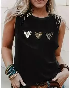 Майка с принтом в виде сердца больших размеров, повседневный топ без рукавов с круглым вырезом на лето, женская одежда больших размеров 1XL чёрный