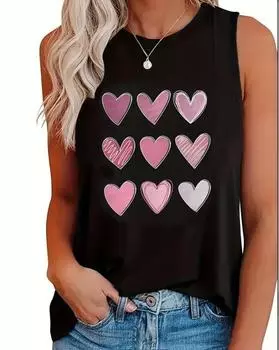 Майка с принтом в виде сердца больших размеров, повседневный топ без рукавов с круглым вырезом на лето, женская одежда больших размеров 1XL чёрный