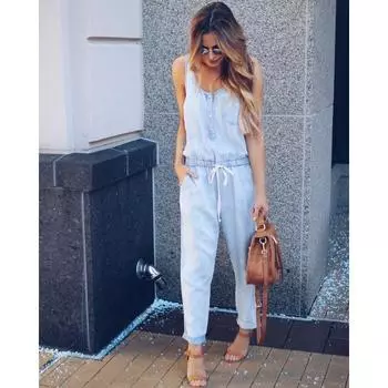 Майка с талией, узкие модные джинсы, цельные брюки S светло-синий