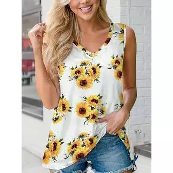 Майка с V-образным вырезом и принтом подсолнечника, повседневная майка без рукавов на лето, женская одежда S