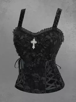 Майка-топ Rosegal Gothic Stereo Rose Flower Lace Jacquard Cross Lace-Up Patchwork Velvet XL чёрный