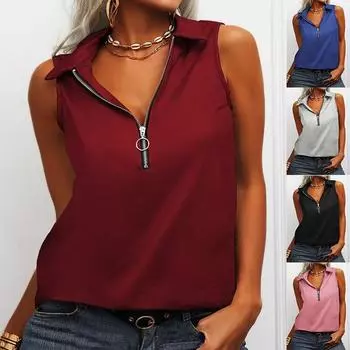 Майка-топ, рубашка, модная женская летняя жилетка, повседневная молния, топы, сексуальные, с V-образным вырезом, однотонные, без рукавов, майка, блузка, одежда, Blusas 25790 S бордовый