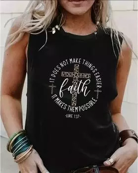 Майка-топ с круглым вырезом и принтом Faith Plus Size, повседневная майка без рукавов на лето, женская одежда больших размеров 1XL чёрный
