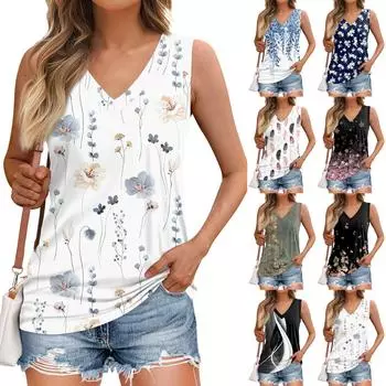 Майка женская повседневная с принтом мягкие летние топы без рукавов с V-образным вырезом XL синий