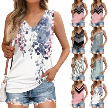 Майка женская повседневная с принтом мягкие летние топы без рукавов с V-образным вырезом XXXXXL