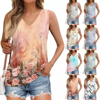 Майка женская повседневная с принтом мягкие летние топы без рукавов с V-образным вырезом M зелёный