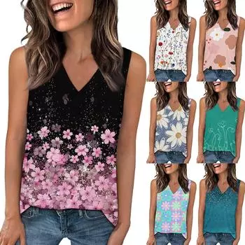 Майка женская повседневная с принтом мягкие летние топы без рукавов с V-образным вырезом L чёрный