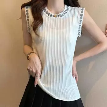 Майки белые женские летние 2025 без рукавов с круглым вырезом черные узкие трикотажные майки майки повседневные женские топы JJ248 One Size белый