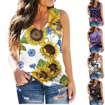 Майки больших размеров для женщин, рубашка без рукавов с v-образным вырезом, летние топы без рукавов с принтом, повседневные майки XL фиолетовый