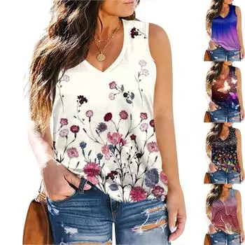 Майки больших размеров для женщин, рубашка без рукавов с v-образным вырезом, летние топы без рукавов с принтом, повседневные майки XXXL чёрный