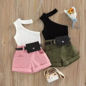 Майки для маленьких девочек, топы + шорты + поясная сумка, украшения карманов, повседневный стиль, летняя одежда 120cm белый