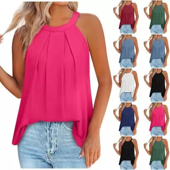 Майки для женщин, свободные плиссированные летние однотонные топы без рукавов XXXL чёрный