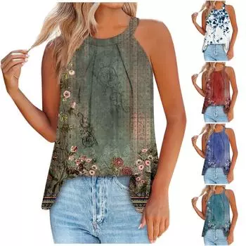 Майки для женщин, свободные плиссированные летние топы без рукавов с принтом XXXL синий