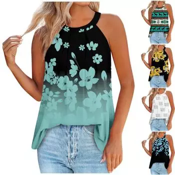 Майки для женщин, свободные плиссированные летние топы без рукавов с принтом L чёрный