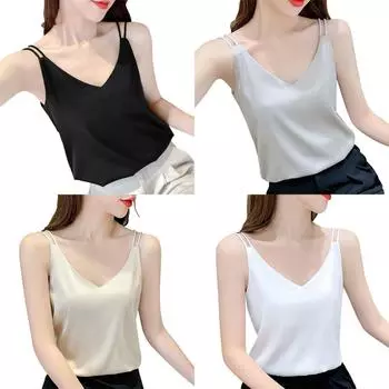 Майки на бретельках, женские белые атласные топы, маленькая летняя рубашка с v-образным вырезом, дизайнерская футболка S