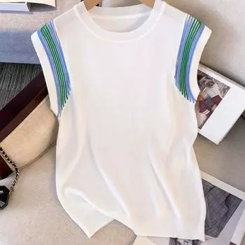 Майки женские летние 2025 без рукавов с круглым вырезом белые черные трикотажные майки женские топы JJ201 One Size чёрный