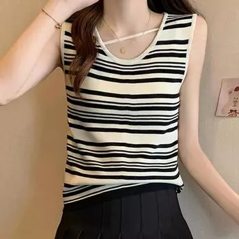 Майки женские летние 2025 без рукавов с V-образным вырезом белые черные полосатые трикотажные майки женские топы JJ219 One Size чёрный