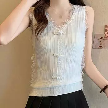 Майки женские летние 2025 без рукавов с V-образным вырезом кружевные белые черные трикотажные майки женские топы JJ223 One Size чёрный