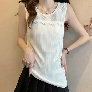 Майки женские летние 2025 без рукавов с круглым вырезом черные белые трикотажные майки женские топы JJ239 One Size чёрный