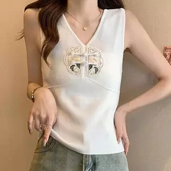 Майки женские летние 2025 без рукавов с V-образным вырезом белые черные трикотажные майки с вышивкой женские топы JJ241 One Size чёрный