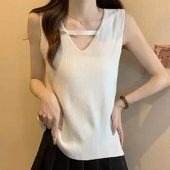 Майки женские летние 2025 без рукавов с V-образным вырезом белые черные трикотажные майки женские топы JJ262 One Size белый