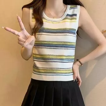 Майки женские летние 2025 без рукавов с круглым вырезом и принтом узкие трикотажные майки женские топы JJ260 One Size розовый