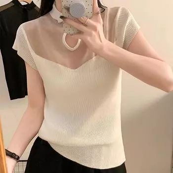 Майки женские летние 2025 года без рукавов с воротником-стойкой черные трикотажные майки женские топы JJ192 One Size абрикосовый