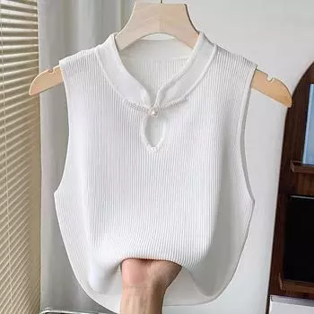 Майки женские летние 2025 года без рукавов с воротником-стойкой черные белые трикотажные майки женские топы JJ195 One Size белый