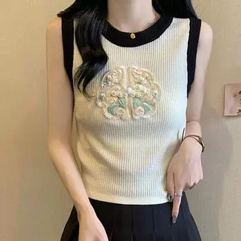 Майки женские летние 2025 года без рукавов с круглым вырезом и вышивкой черные трикотажные майки женские топы JJ204 One Size чёрный