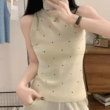 Майки женские летние 2025 года без рукавов с круглым вырезом в горошек черные трикотажные майки женские топы JJ207 One Size чёрный